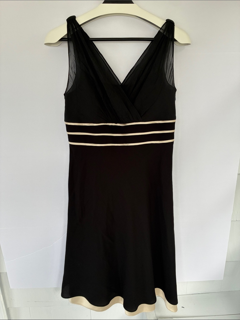 Ann Taylor Black Midi Dress with Cream Trim Accents Size 6